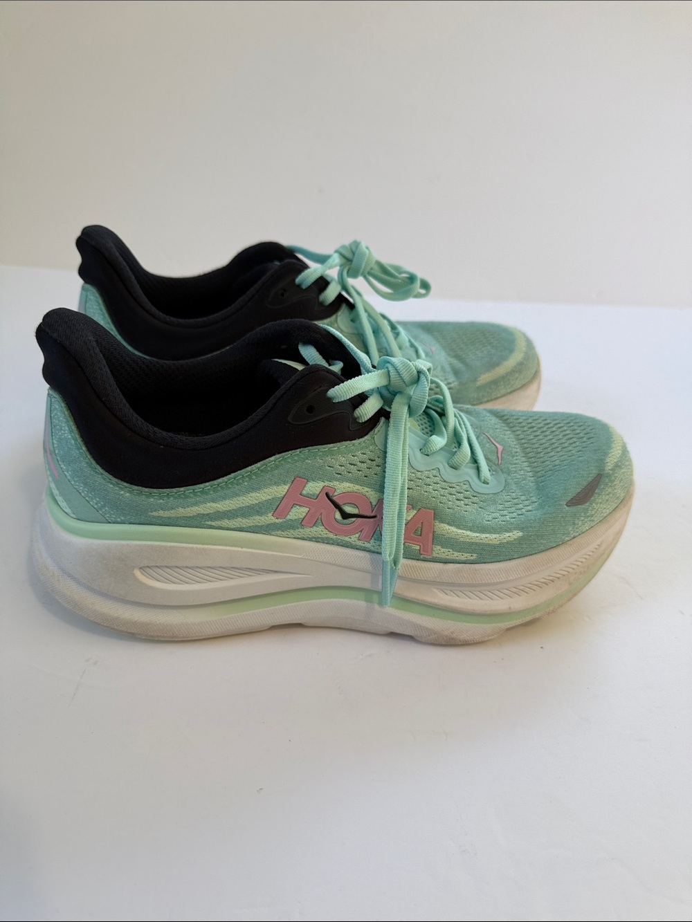 Hoka Women's Mint Green and Black Running Sneakers with Pink Logo